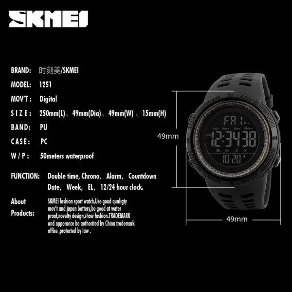 SKMEI 1251 Waterproof Digital Watch for Men Sport Countdown Electronic Wristwatches Mens Military LED Clock 1560 Reloj Hombre - Image 6