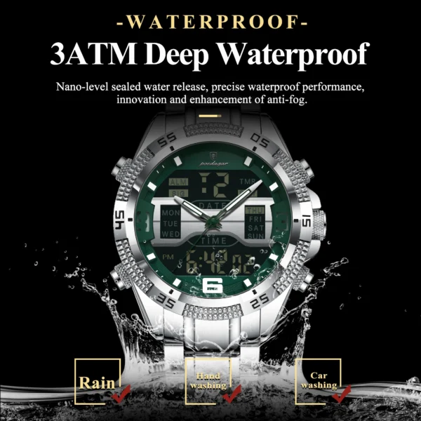 POEDAGAR LED Luxury Men Watch Sports Dual Time Display Digital Luminous Week Date Man Wristwatch Electronic Quartz Men's Watches - Image 3