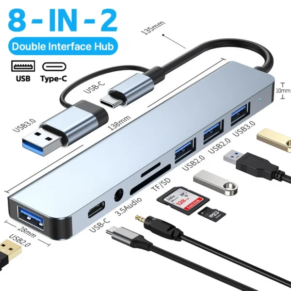 8 In 2 USB A Type C Hub Concentrator Docking Station Multi Adapter Card Reader Audio Multi-hub Dock Splitter For Laptops Macbook