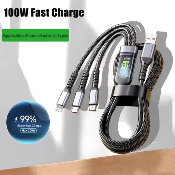 100W 3 In 1 Transparent Pilot Lamp Super Fast Charging Cable 6A Universal with Type C Usb Micro for Samsung Huawei Xiaomi Iphone - Image 3
