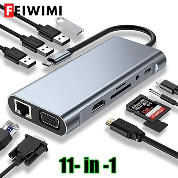 USB C HUB, USB C Adapter Dongle with 4K HDMI/VGA/Type C PD/RJ45/ SD/TF Card Reader For MacBook Pro/Air M1 iPad