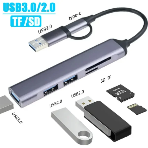 Type C HUB USB HUB USB 3.0 USB 2.0 TF / SD 5 Port Multi Splitter OTG For Lenovo HUAWEI Xiaomi Aluminum Alloy USB 3.0 Hub for PC - Image 4