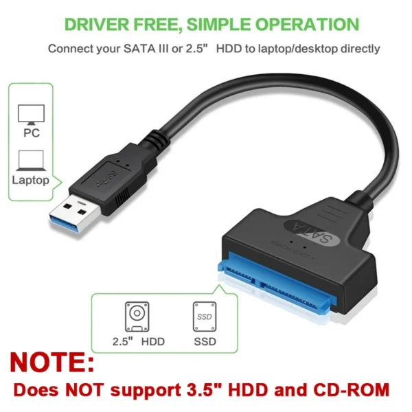 SATA to USB 3.0 / 2.0 Cable Up to 6 Gbps for 2.5 Inch External HDD SSD Hard Drive SATA 3 22 Pin Adapter USB 3.0 to Sata III Cord - Image 2