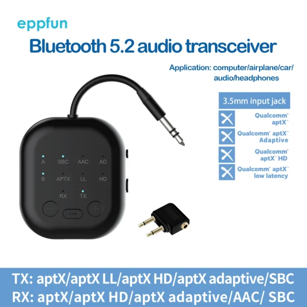 eppfun Bluetooth 5.3 Transmitter Receiver Qualcomm APTX Adaptive High-definition Low Latency 3.5mm Aux for Airplanes/TV/Car