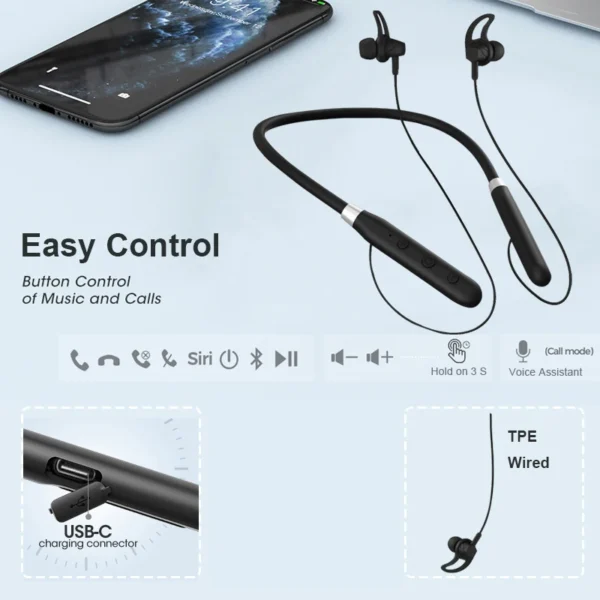 Neck Wireless Bluetooth Earphones 9D Stereo Surround Headphones Waterproof Sport Neckband Headset Neck-hanging Earbuds with Mic - Image 6