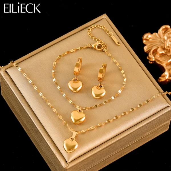 EILIECK 316L Stainless Steel Heart Love Necklace Bracelets Earrings Set For Women