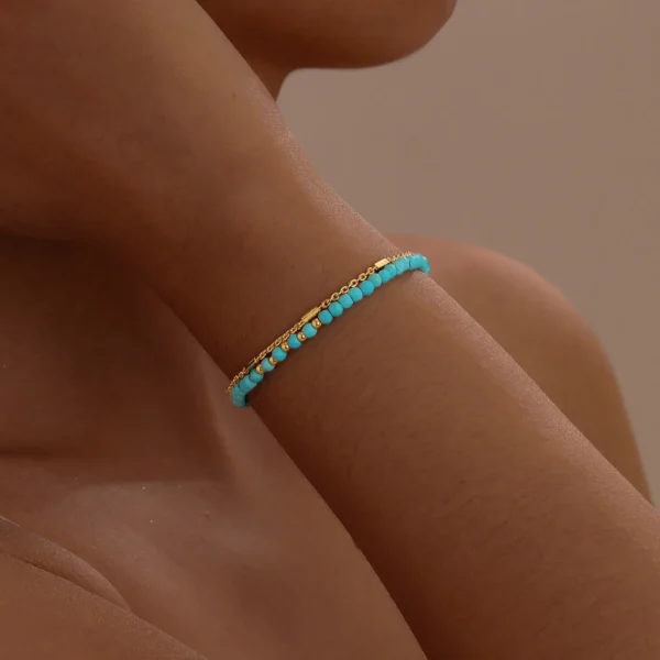 Turquoise Bracelet for Women, Double Chain Round Beaded Bracelet, Tarnish Free Gold Plated Jewelry Gift - Image 2