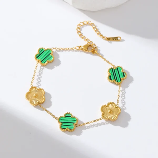 GANEMLY Double-Sided Green Clover Bracelet – Stainless Steel Five-Leaf Flower Charm Jewelry for Women & Girls - Image 3