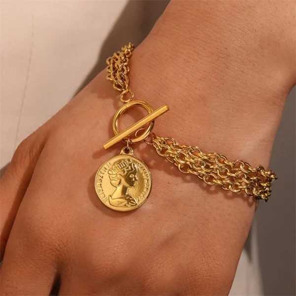 EILIECK 316L Stainless Steel Gold Color Portrait Coin Charm Bracelet - Image 3