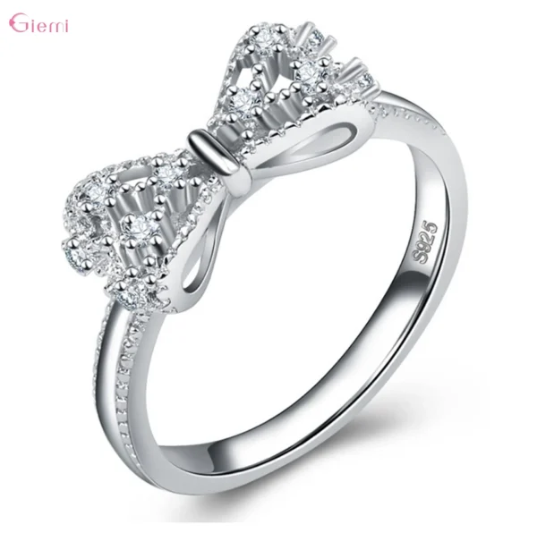 925 Sterling Silver Bowknot Bow Knot Cubic Zirconia Rhinestone Rings For Women