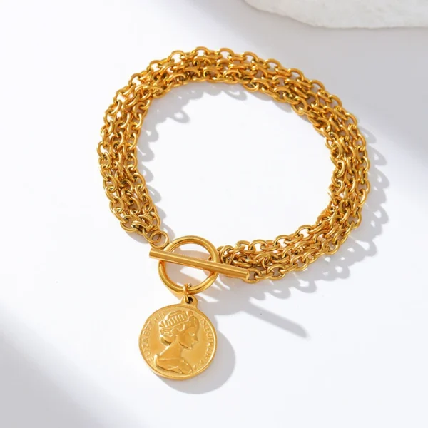 EILIECK 316L Stainless Steel Gold Color Portrait Coin Charm Bracelet - Image 2