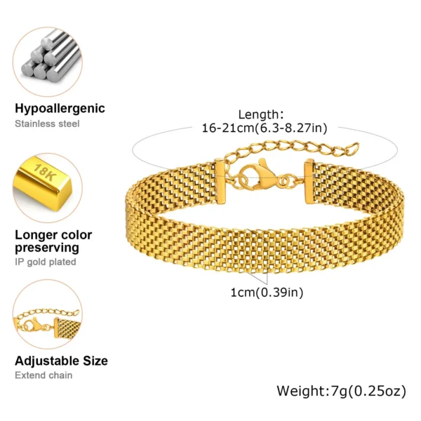 Women's Chunky Link Chain Mesh Bracelet, Stainless Steel Gold Plated Waterproof Jewelry - Image 6