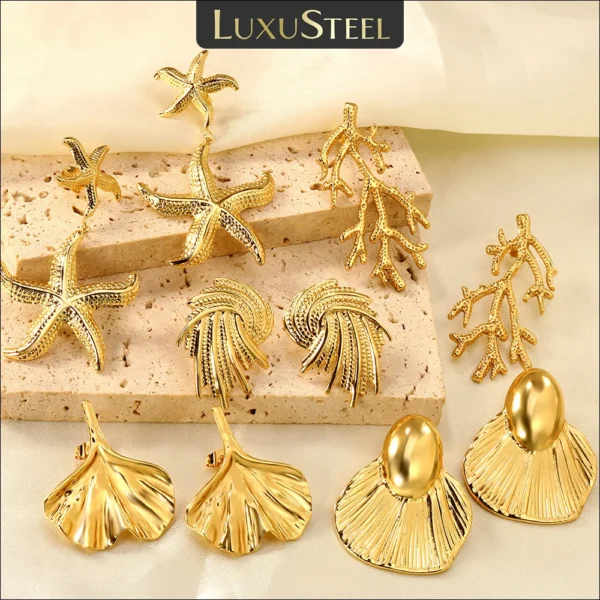 LUXUSTEEL Stainless Steel Starfish Tree of Life Drop Stud Earrings for Women Shell Shape Ginkgo Leaf Female Earring Jewelry Gift