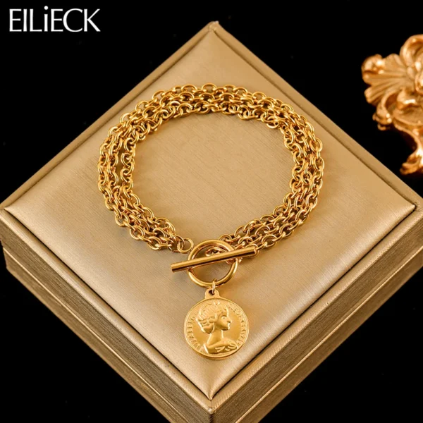 EILIECK 316L Stainless Steel Gold Color Portrait Coin Charm Bracelet