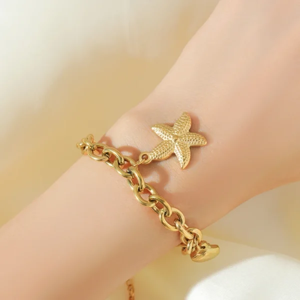 EILIECK 316L Stainless Steel Starfish & Moon Charm Bracelet – Gold Color Trendy Jewelry Gift for Women - Image 4