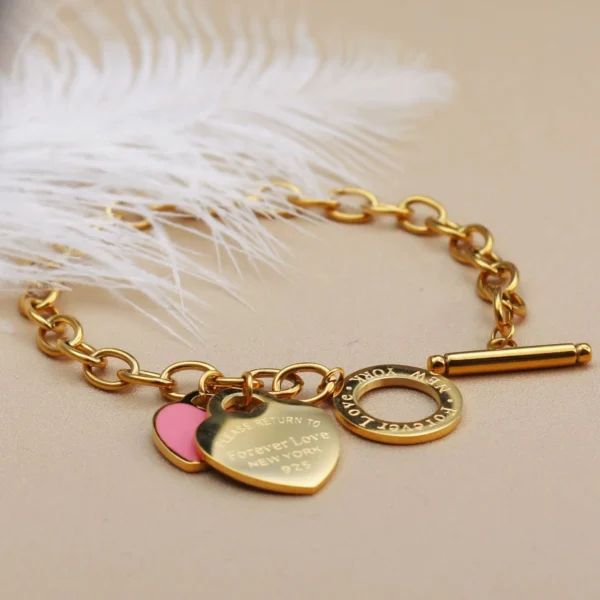 074Fashion Stainless Steel Gold Color Bracelet Double Heart Pendant Design