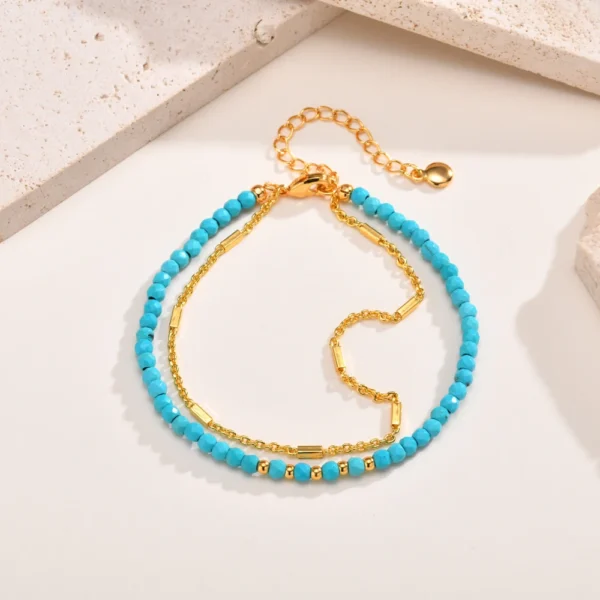 Turquoise Bracelet for Women, Double Chain Round Beaded Bracelet, Tarnish Free Gold Plated Jewelry Gift - Image 3