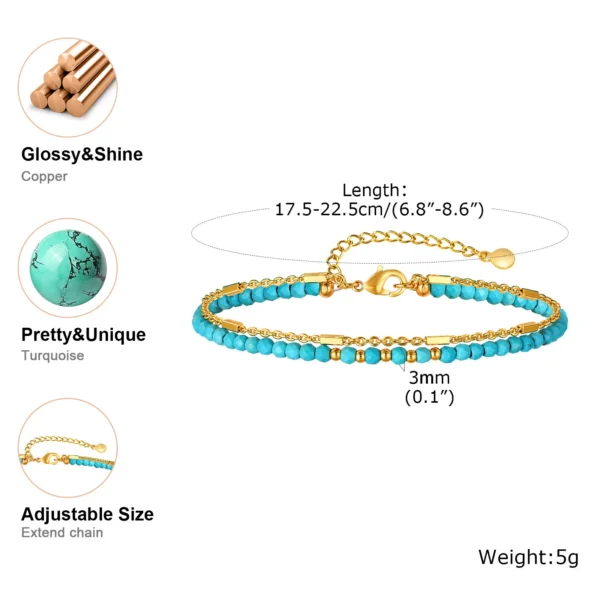 Turquoise Bracelet for Women, Double Chain Round Beaded Bracelet, Tarnish Free Gold Plated Jewelry Gift - Image 6