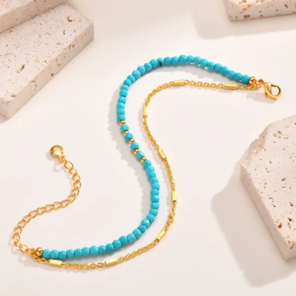 Turquoise Bracelet for Women, Double Chain Round Beaded Bracelet, Tarnish Free Gold Plated Jewelry Gift - Image 4