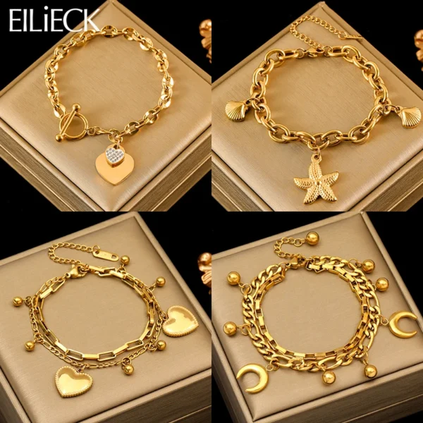 EILIECK 316L Stainless Steel Starfish & Moon Charm Bracelet – Gold Color Trendy Jewelry Gift for Women