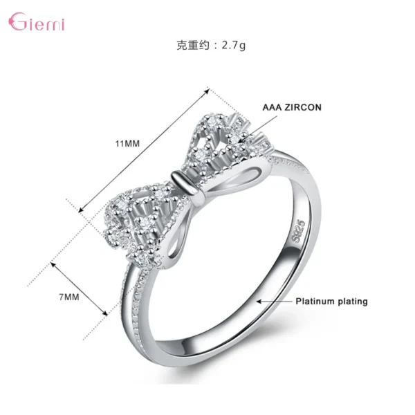 925 Sterling Silver Bowknot Bow Knot Cubic Zirconia Rhinestone Rings For Women - Image 2